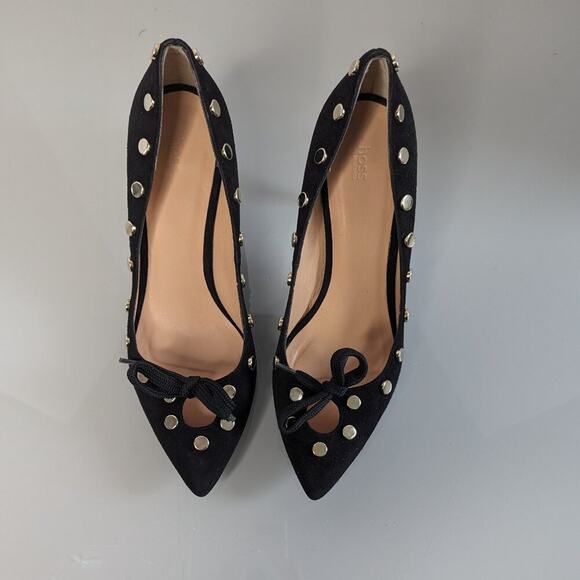 Anthropologie Hoss Intropia Black Pointed Toe Heels Gold Studs Cut Out Bows 37 - Picture 10 of 10
